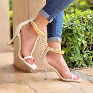 White T Strap Open Toe Ankle Chain Heel